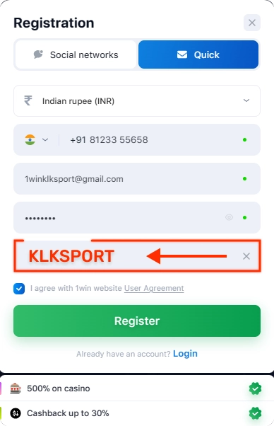 1win registration India