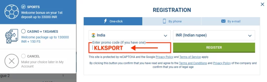 1xbet registration India